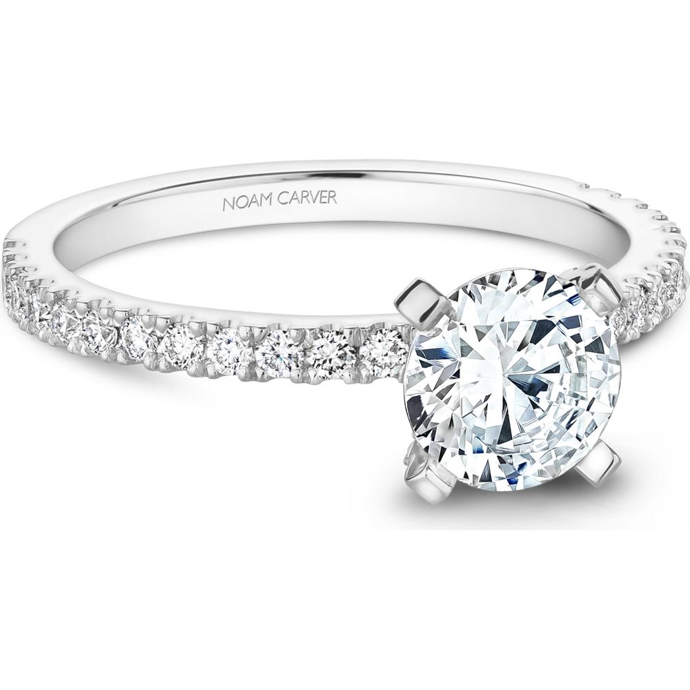 Round Cut Diamond Engagement Ring with Four-Prong Setting and Pavé Band in White Gold by Noam Carver<em> - Choose Your Center Diamond: 1 to 5 Carats, Sustainable Lab-Grown or Natural Earth-Mined</em>