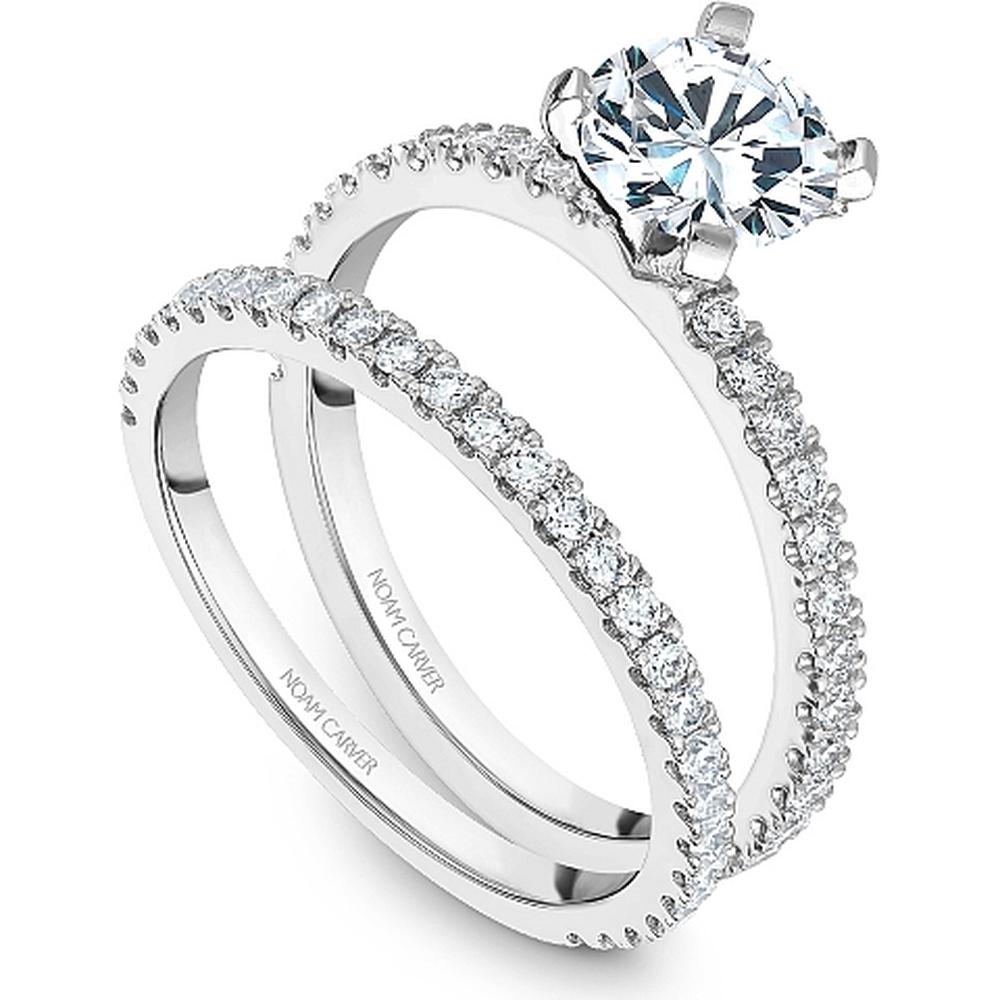 Round Cut Diamond Engagement Ring with Four-Prong Setting and Pavé Band in White Gold by Noam Carver<em> - Choose Your Center Diamond: 1 to 5 Carats, Sustainable Lab-Grown or Natural Earth-Mined</em>