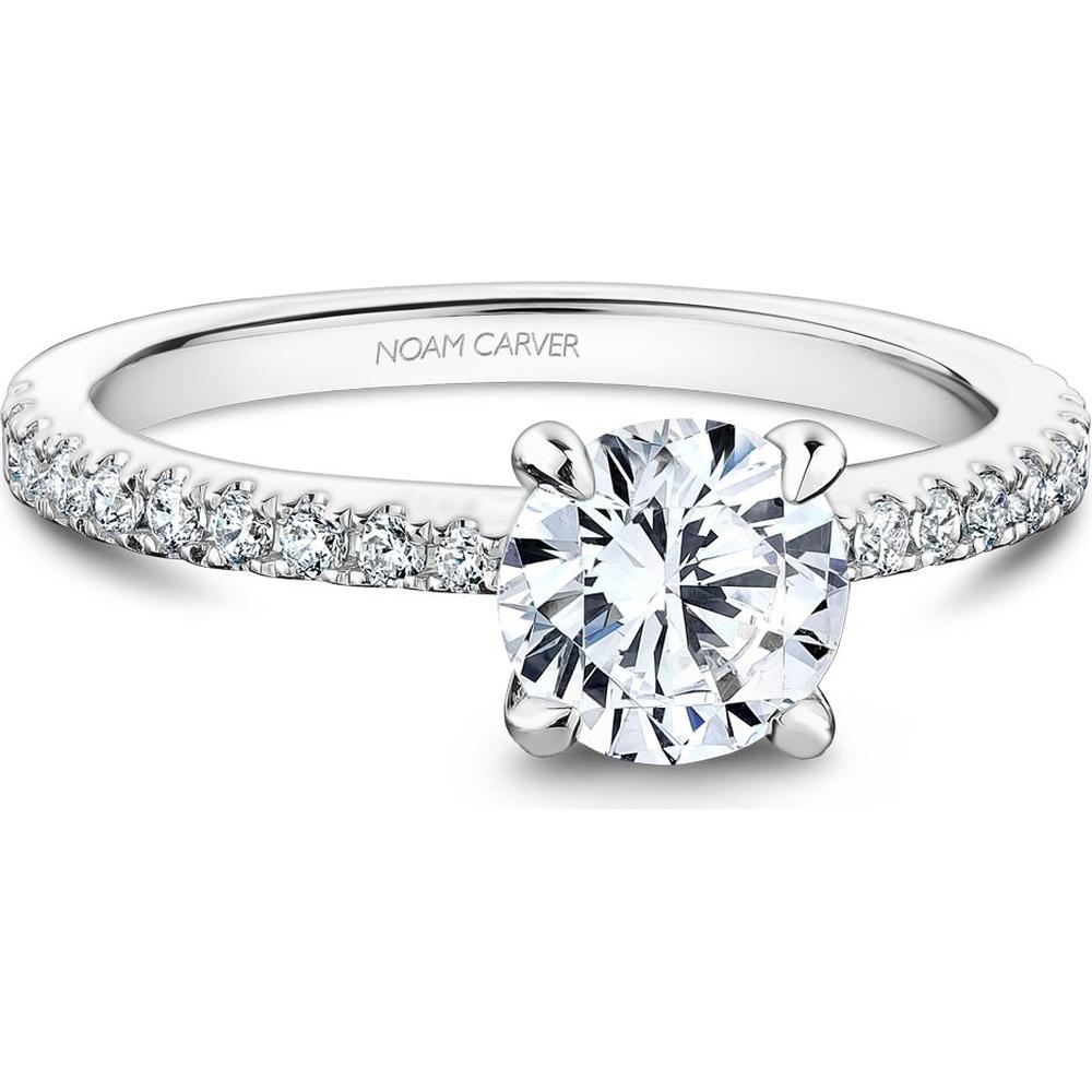 Round Cut Diamond Engagement Ring with Four-Prong Setting and Pavé Band in White Gold by Noam Carver<em> - Choose Your Center Diamond: 1 to 5 Carats, Sustainable Lab-Grown or Natural Earth-Mined</em>