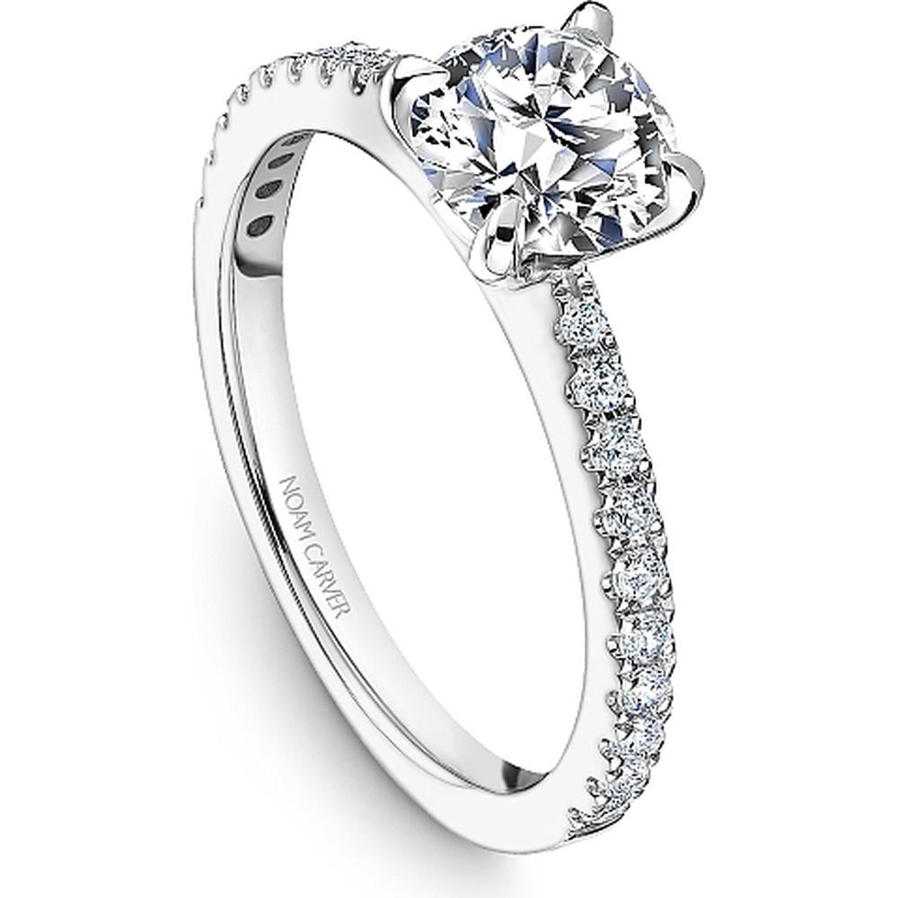 Round Cut Diamond Engagement Ring with Four-Prong Setting and Pavé Band in White Gold by Noam Carver<em> - Choose Your Center Diamond: 1 to 5 Carats, Sustainable Lab-Grown or Natural Earth-Mined</em>