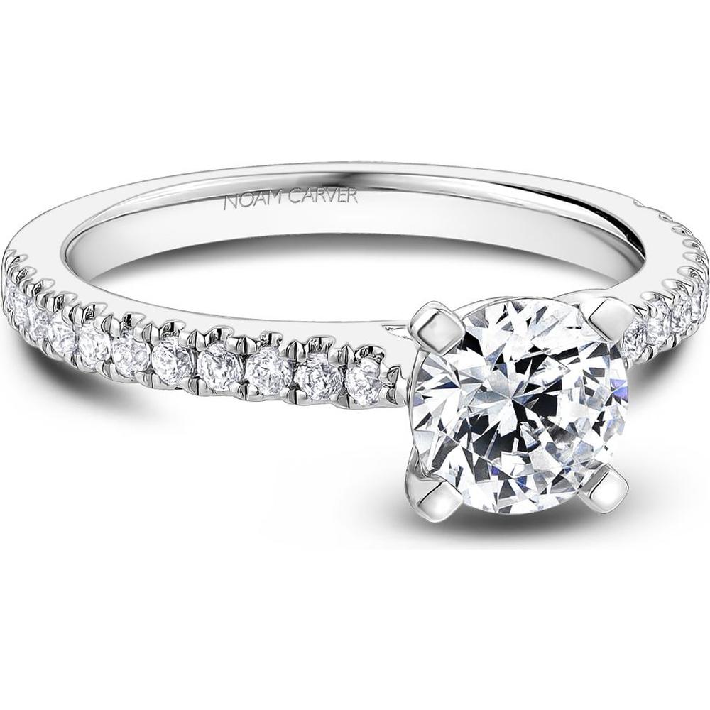 Round Cut Diamond Engagement Ring with Four-Prong Setting and Pavé Band in White Gold by Noam Carver<em> - Choose Your Center Diamond: 1 to 5 Carats, Sustainable Lab-Grown or Natural Earth-Mined</em>
