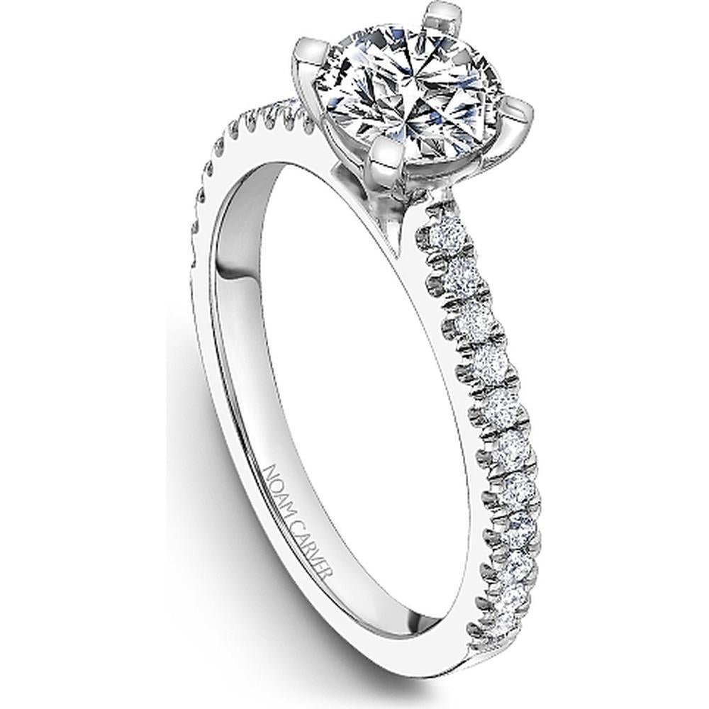 Round Cut Diamond Engagement Ring with Four-Prong Setting and Pavé Band in White Gold by Noam Carver<em> - Choose Your Center Diamond: 1 to 5 Carats, Sustainable Lab-Grown or Natural Earth-Mined</em>