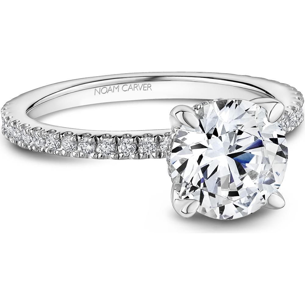 Round Cut Diamond Engagement Ring with Four-Prong Setting and Pavé Band in White Gold by Noam Carver<em> - Choose Your Center Diamond: 1 to 5 Carats, Sustainable Lab-Grown or Natural Earth-Mined</em>