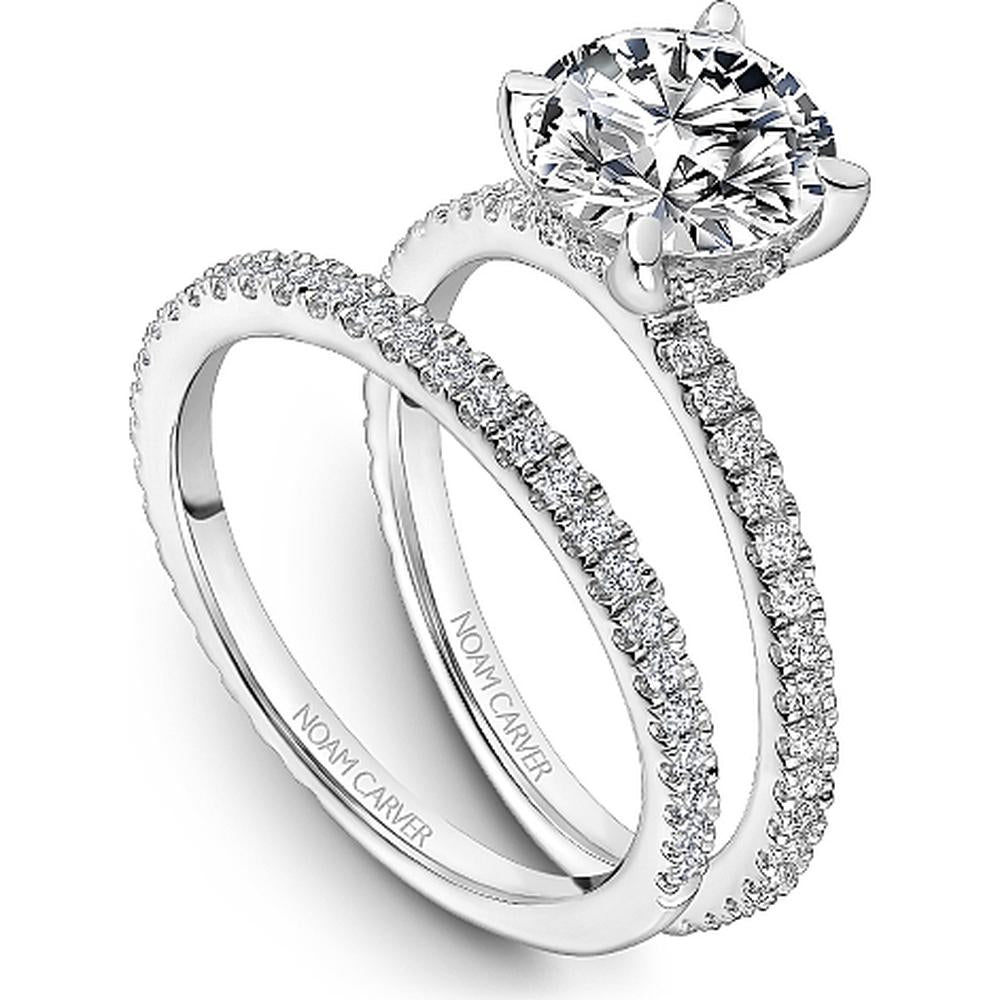 Round Cut Diamond Engagement Ring with Four-Prong Setting and Pavé Band in White Gold by Noam Carver<em> - Choose Your Center Diamond: 1 to 5 Carats, Sustainable Lab-Grown or Natural Earth-Mined</em>