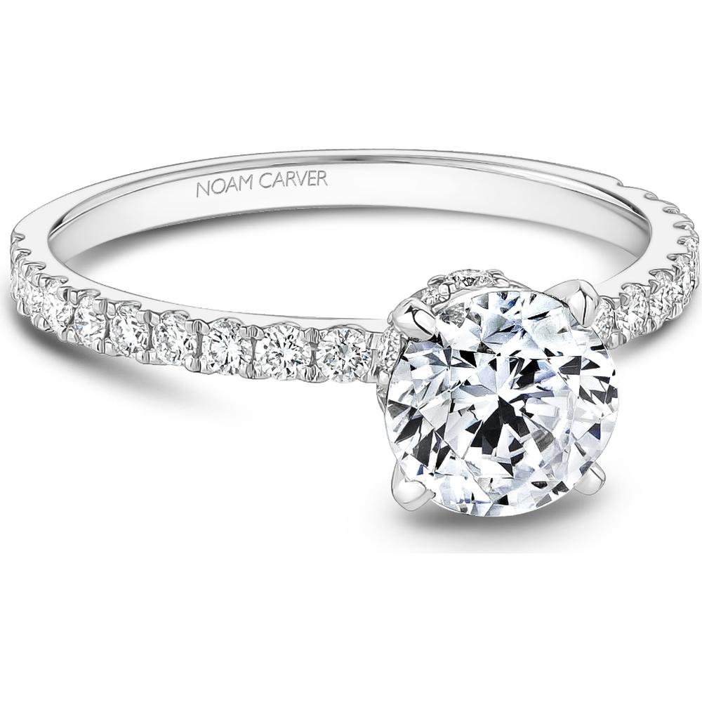 Round Cut Diamond Engagement Ring with Four-Prong Setting and Pavé Band in White Gold by Noam Carver<em> - Choose Your Center Diamond: 1 to 5 Carats, Sustainable Lab-Grown or Natural Earth-Mined</em>