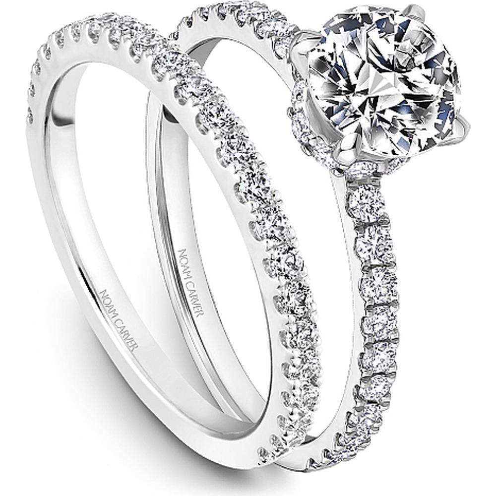 Round Cut Diamond Engagement Ring with Four-Prong Setting and Pavé Band in White Gold by Noam Carver<em> - Choose Your Center Diamond: 1 to 5 Carats, Sustainable Lab-Grown or Natural Earth-Mined</em>