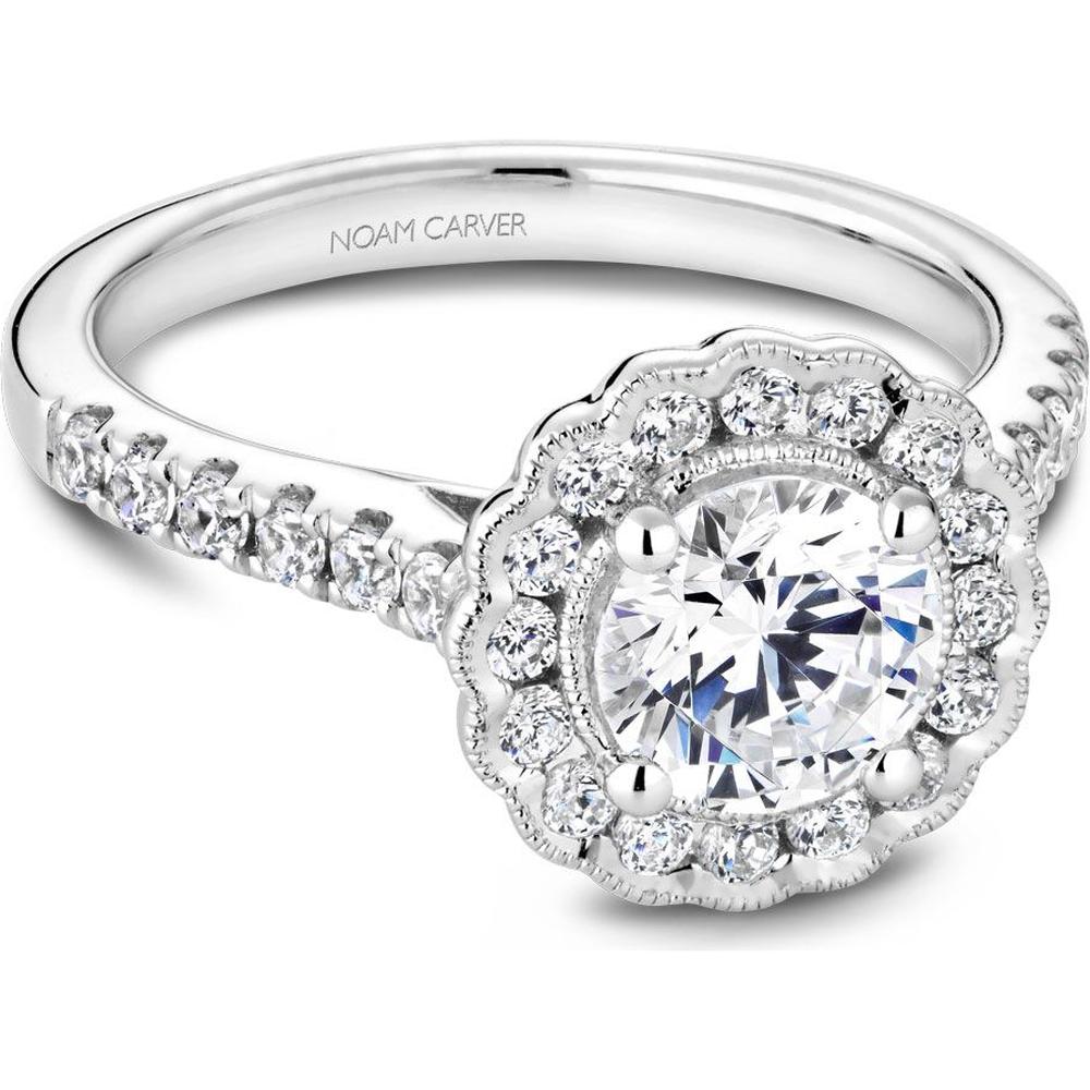 Round Cut Diamond Engagement Ring with Four-Prong Setting and Scalloped Halo in White Gold by Noam Carver<em> - Choose Your Center Diamond: 1 to 5 Carats, Sustainable Lab-Grown or Natural Earth-Mined</em>