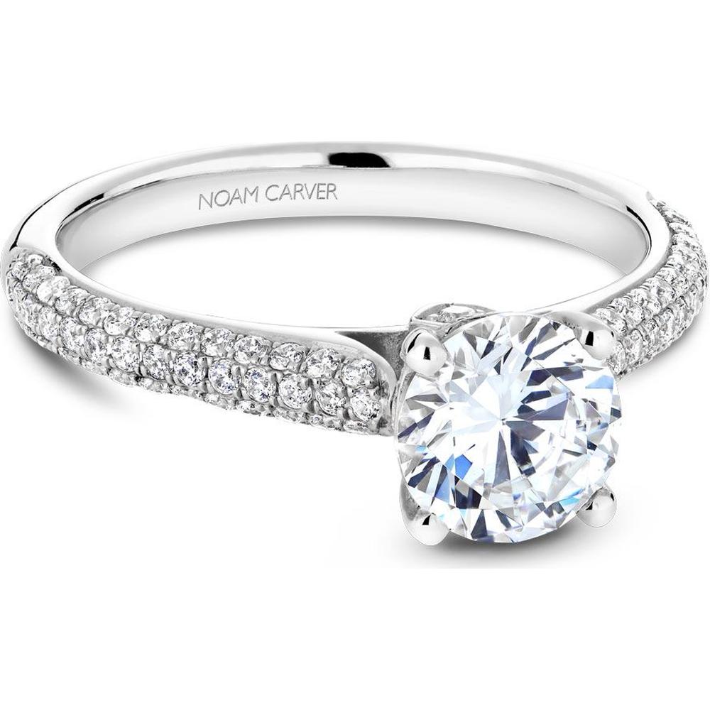 Round Cut Diamond Engagement Ring with Four-Prong Setting and Triple Pavé Band in White Gold by Noam Carver<em> - Choose Your Center Diamond: 1 to 5 Carats, Sustainable Lab-Grown or Natural Earth-Mined</em>