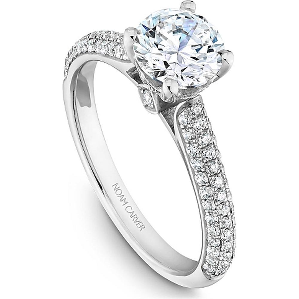 Round Cut Diamond Engagement Ring with Four-Prong Setting and Triple Pavé Band in White Gold by Noam Carver<em> - Choose Your Center Diamond: 1 to 5 Carats, Sustainable Lab-Grown or Natural Earth-Mined</em>