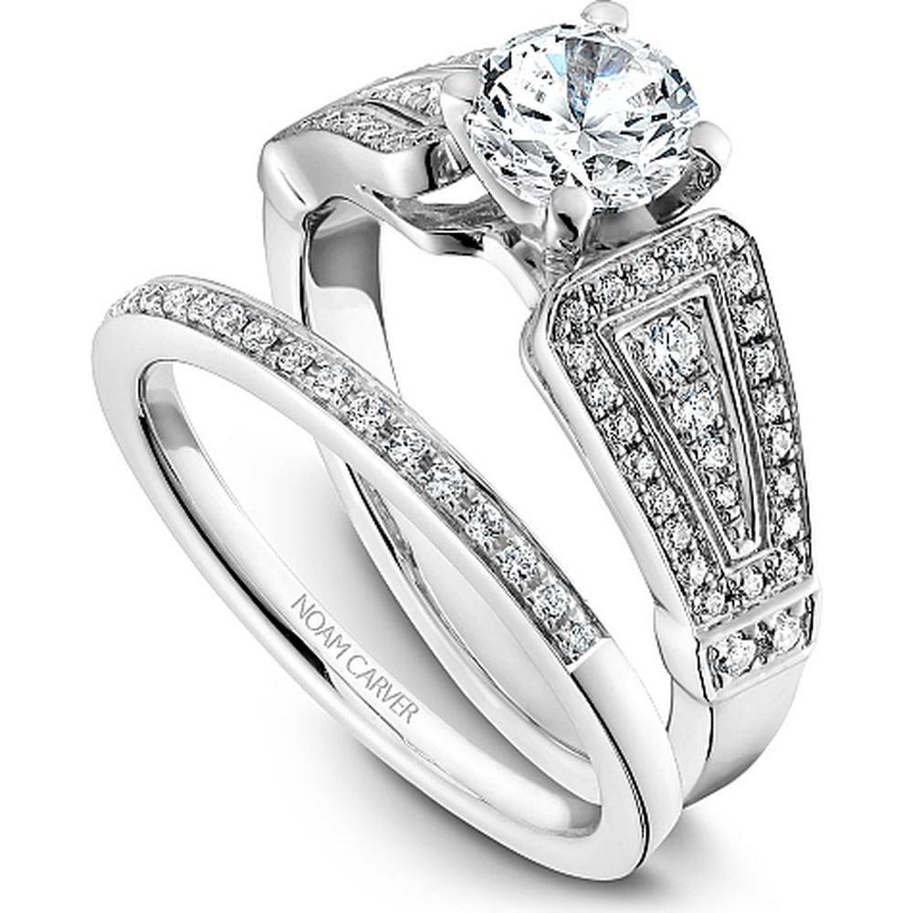 Round Cut Diamond Engagement Ring with Geometric Pavé Band in White Gold by Noam Carver<em> - Choose Your Center Diamond: 1 to 5 Carats, Sustainable Lab-Grown or Natural Earth-Mined</em>