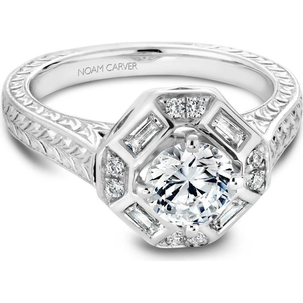 Round Cut Diamond Engagement Ring with Halo and Bar-Set Baguette Diamonds in White Gold by Noam Carver<em> - Choose Your Center Diamond: 1 to 5 Carats, Sustainable Lab-Grown or Natural Earth-Mined</em>