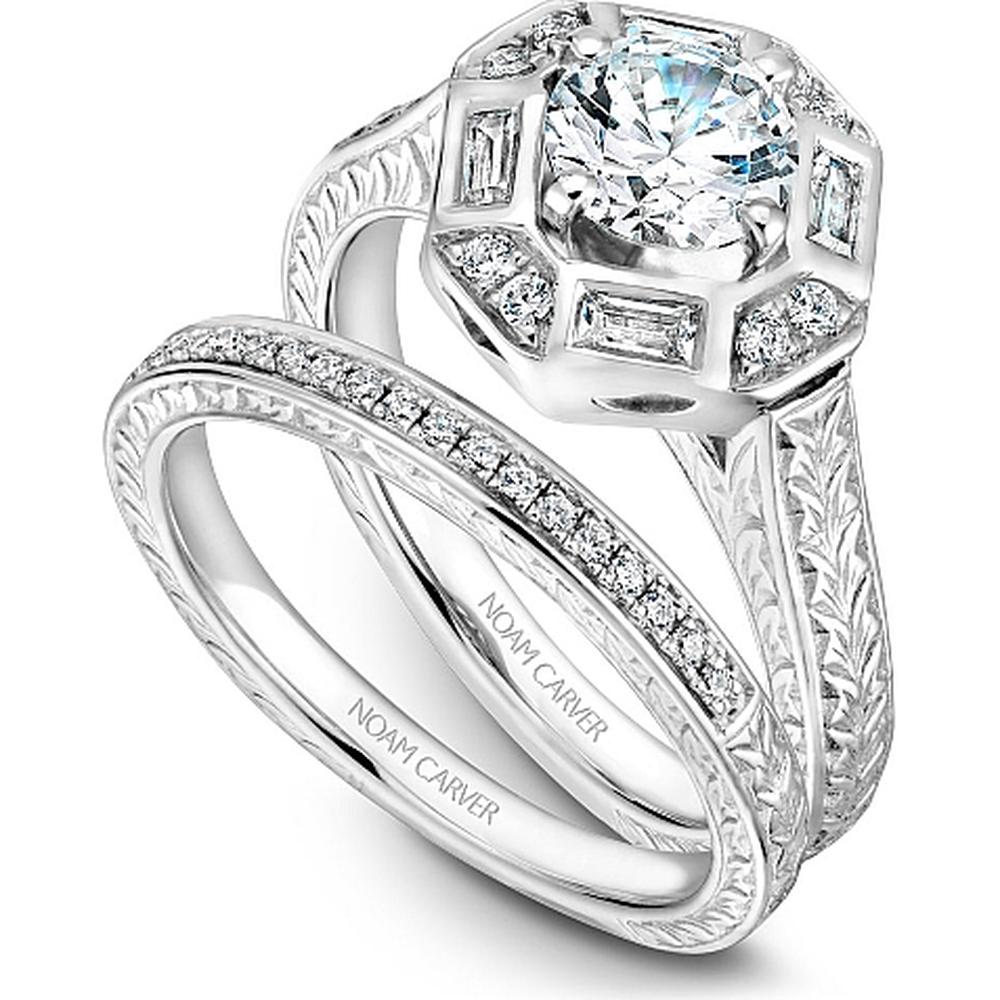 Round Cut Diamond Engagement Ring with Halo and Bar-Set Baguette Diamonds in White Gold by Noam Carver<em> - Choose Your Center Diamond: 1 to 5 Carats, Sustainable Lab-Grown or Natural Earth-Mined</em>