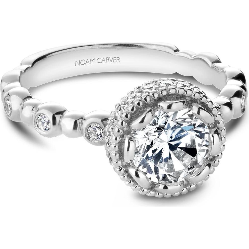 Round Cut Diamond Engagement Ring with Halo and Beaded Design in White Gold by Noam Carver<em> - Choose Your Center Diamond: 1 to 5 Carats, Sustainable Lab-Grown or Natural Earth-Mined</em>