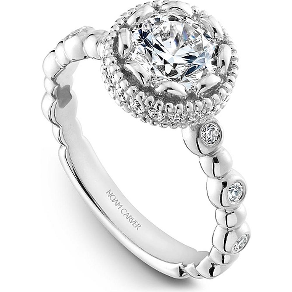 Round Cut Diamond Engagement Ring with Halo and Beaded Design in White Gold by Noam Carver<em> - Choose Your Center Diamond: 1 to 5 Carats, Sustainable Lab-Grown or Natural Earth-Mined</em>
