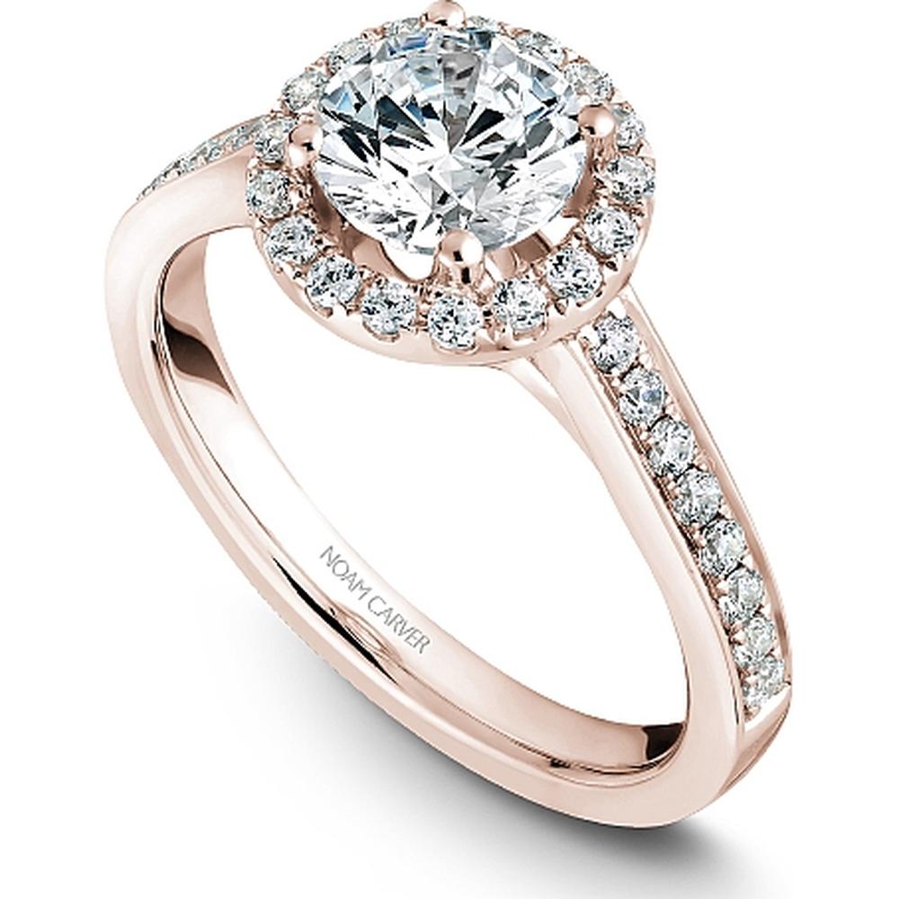 Round Cut Diamond Engagement Ring with Halo and Pav&eacute; Band in Rose Gold by Noam Carver<em> - Choose Your Center Diamond: 1 to 5 Carats, Sustainable Lab-Grown or Natural Earth-Mined</em>