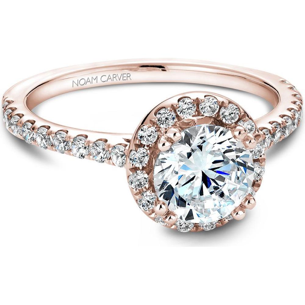 Round Cut Diamond Engagement Ring with Halo and Pav&eacute; Band in Rose Gold by Noam Carver<em> - Choose Your Center Diamond: 1 to 5 Carats, Sustainable Lab-Grown or Natural Earth-Mined</em>