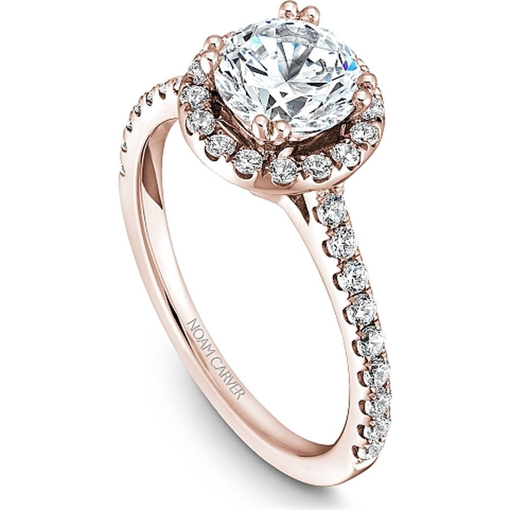 Round Cut Diamond Engagement Ring with Halo and Pav&eacute; Band in Rose Gold by Noam Carver<em> - Choose Your Center Diamond: 1 to 5 Carats, Sustainable Lab-Grown or Natural Earth-Mined</em>