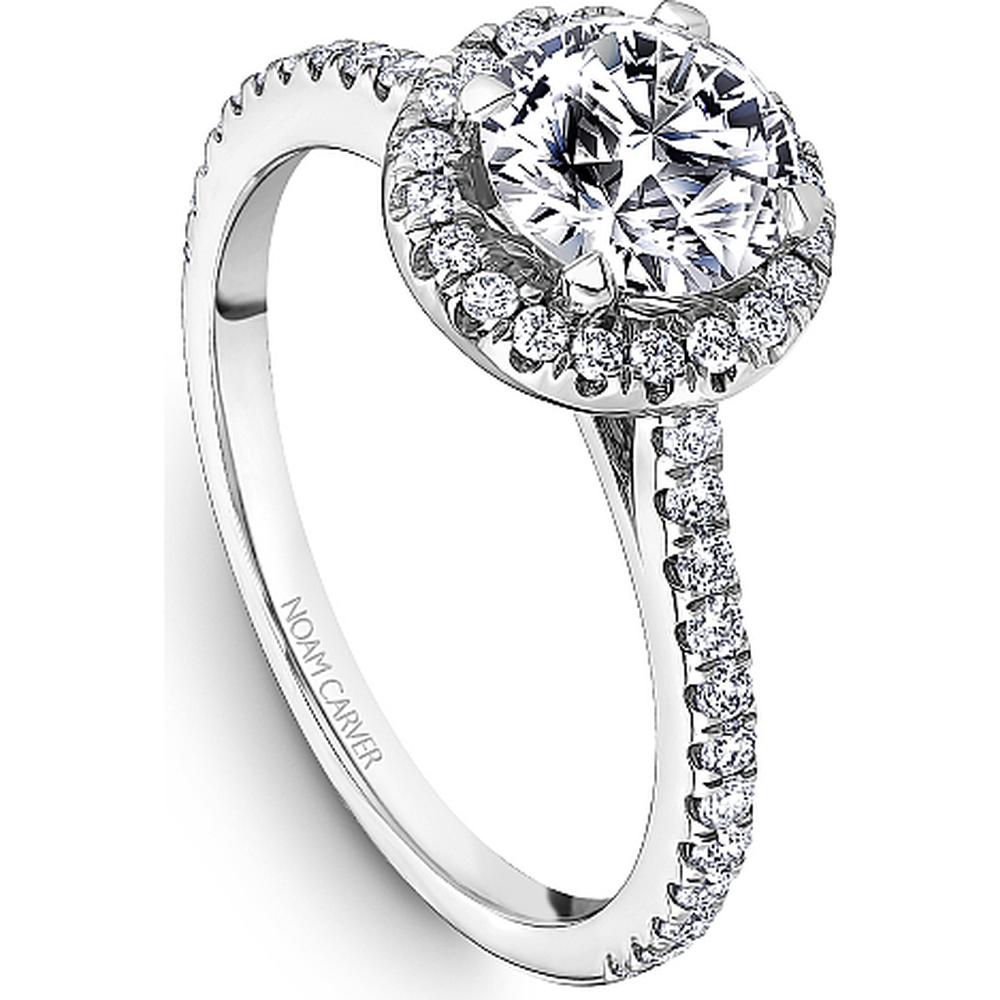 Round Cut Diamond Engagement Ring with Halo and Pavé Band in White Gold by Noam Carver<em> - Choose Your Center Diamond: 1 to 5 Carats, Sustainable Lab-Grown or Natural Earth-Mined</em>