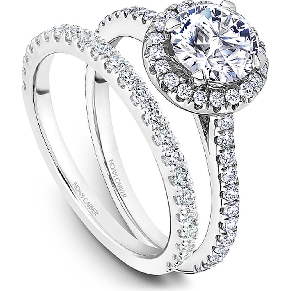 Round Cut Diamond Engagement Ring with Halo and Pavé Band in White Gold by Noam Carver<em> - Choose Your Center Diamond: 1 to 5 Carats, Sustainable Lab-Grown or Natural Earth-Mined</em>