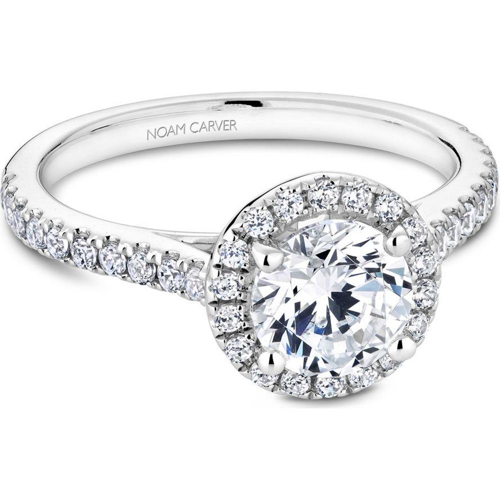 Round Cut Diamond Engagement Ring with Halo and Pavé Band in White Gold by Noam Carver<em> - Choose Your Center Diamond: 1 to 5 Carats, Sustainable Lab-Grown or Natural Earth-Mined</em>