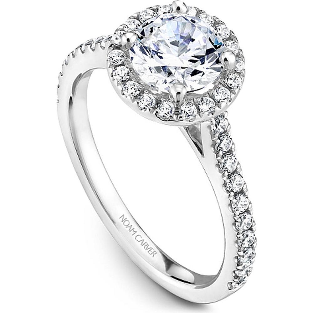 Round Cut Diamond Engagement Ring with Halo and Pavé Band in White Gold by Noam Carver<em> - Choose Your Center Diamond: 1 to 5 Carats, Sustainable Lab-Grown or Natural Earth-Mined</em>
