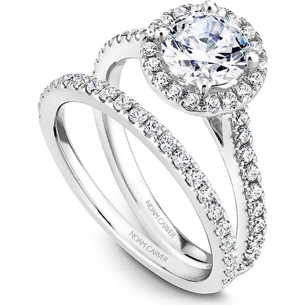 Round Cut Diamond Engagement Ring with Halo and Pavé Band in White Gold by Noam Carver<em> - Choose Your Center Diamond: 1 to 5 Carats, Sustainable Lab-Grown or Natural Earth-Mined</em>