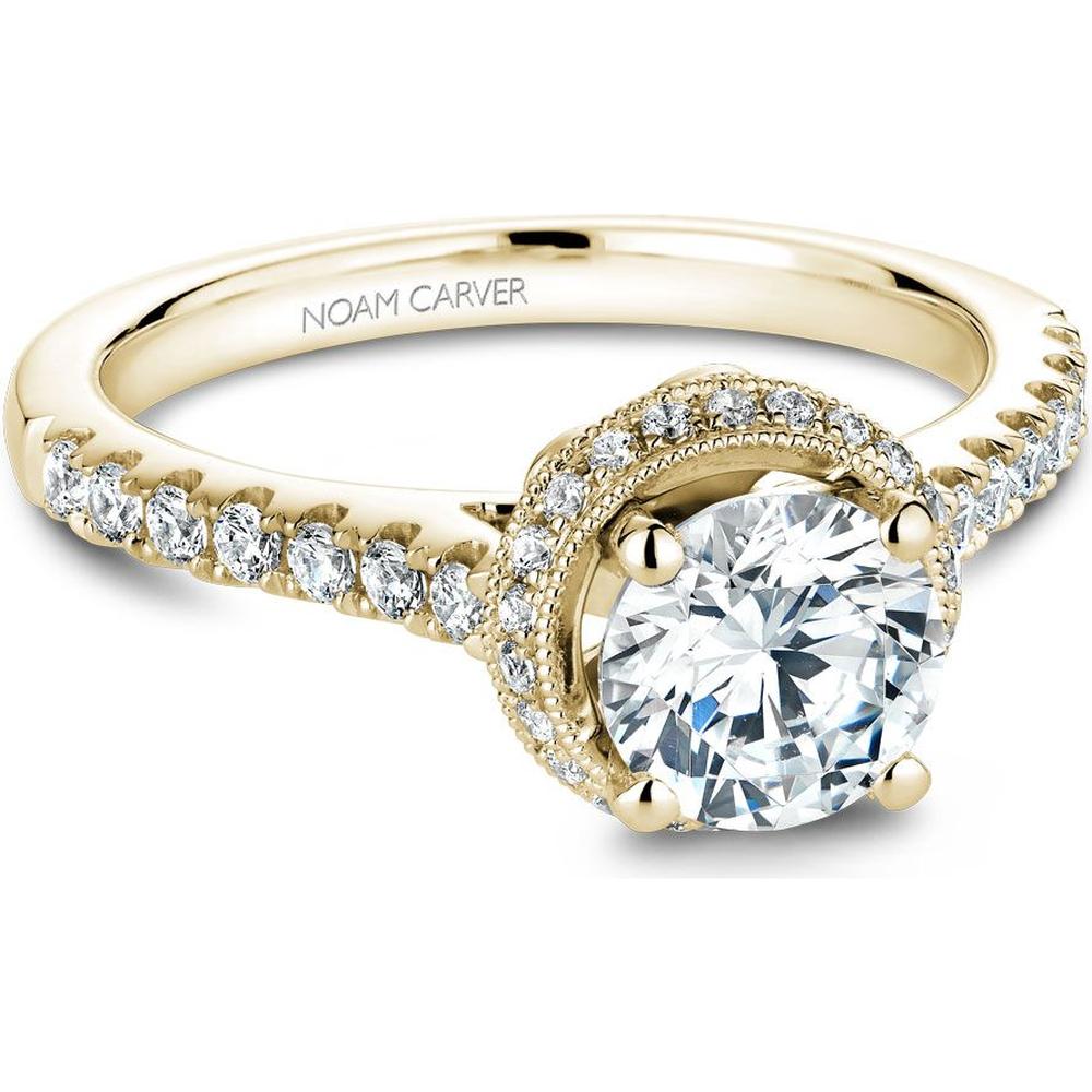 Round Cut Diamond Engagement Ring with Halo and Pavé Band in Yellow Gold by Noam Carver<em> - Choose Your Center Diamond: 1 to 5 Carats, Sustainable Lab-Grown or Natural Earth-Mined</em>