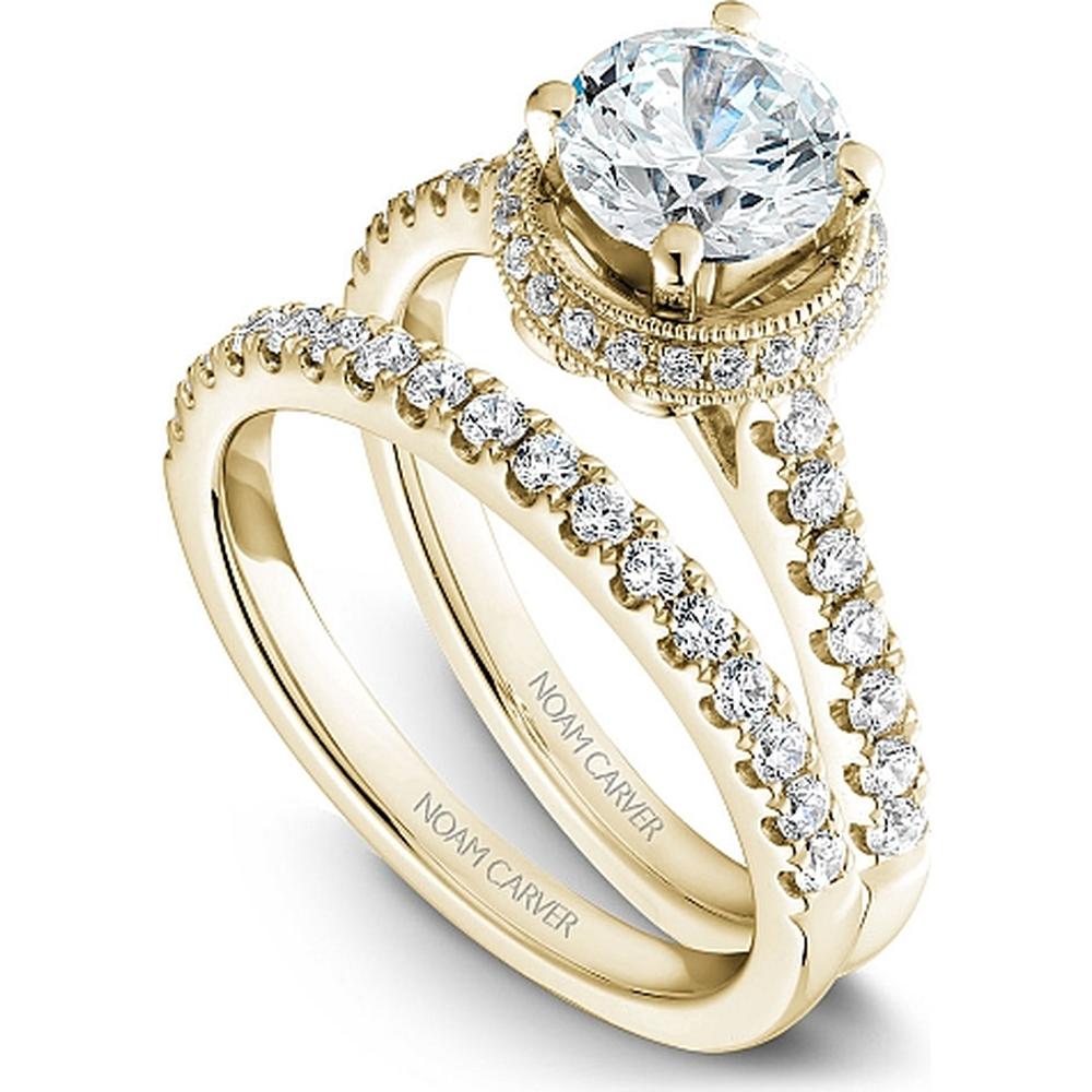 Round Cut Diamond Engagement Ring with Halo and Pavé Band in Yellow Gold by Noam Carver<em> - Choose Your Center Diamond: 1 to 5 Carats, Sustainable Lab-Grown or Natural Earth-Mined</em>