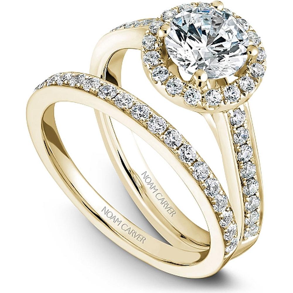 Round Cut Diamond Engagement Ring with Halo and Pav&eacute; Set Band in Yellow Gold by Noam Carver<em> - Choose Your Center Diamond: 1 to 5 Carats, Sustainable Lab-Grown or Natural Earth-Mined</em>
