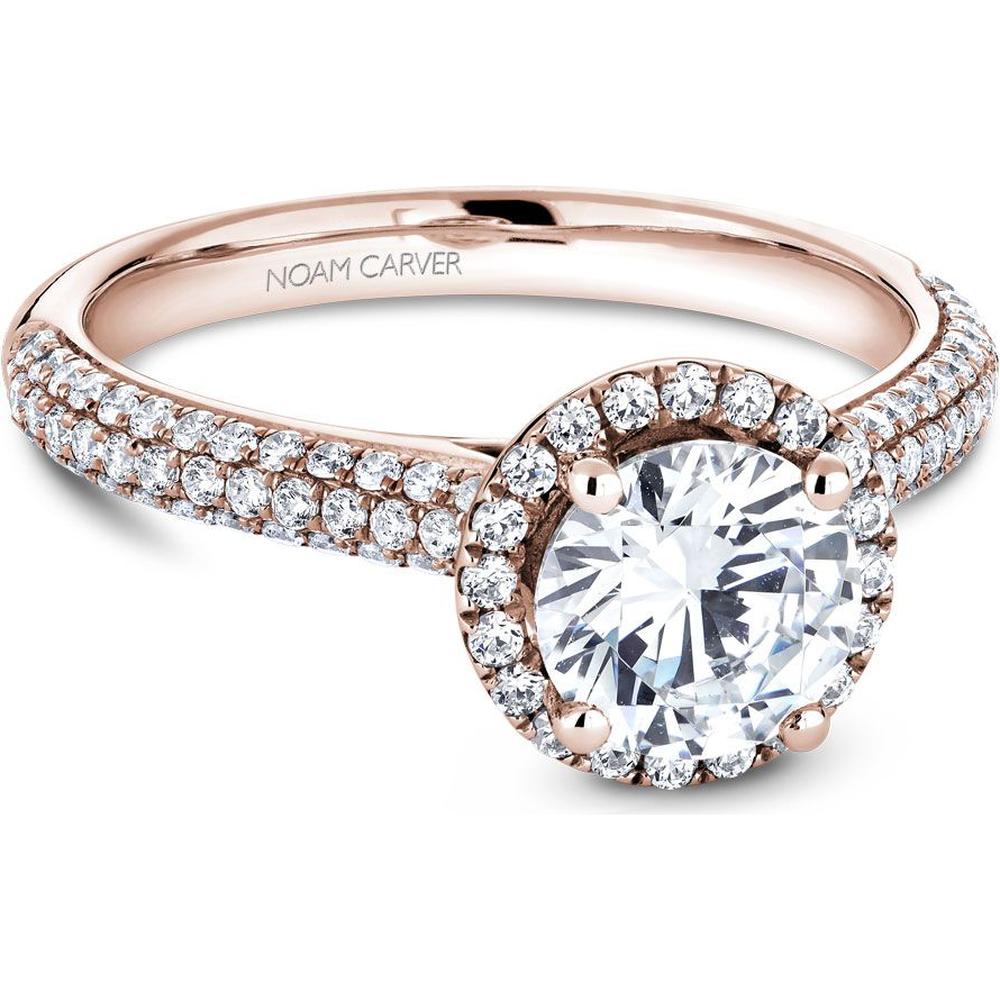 Round Cut Diamond Engagement Ring with Halo and Triple Pavé Band in Rose Gold by Noam Carver<em> - Choose Your Center Diamond: 1 to 5 Carats, Sustainable Lab-Grown or Natural Earth-Mined</em>