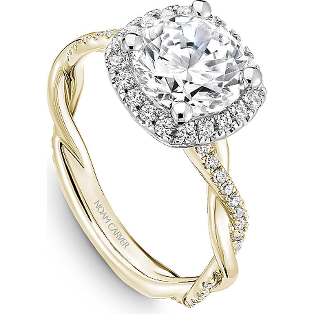 Round Cut Diamond Engagement Ring with Halo and Twist Band in White Gold and Yellow Gold by Noam Carver<em> - Choose Your Center Diamond: 1 to 5 Carats, Sustainable Lab-Grown or Natural Earth-Mined</em>
