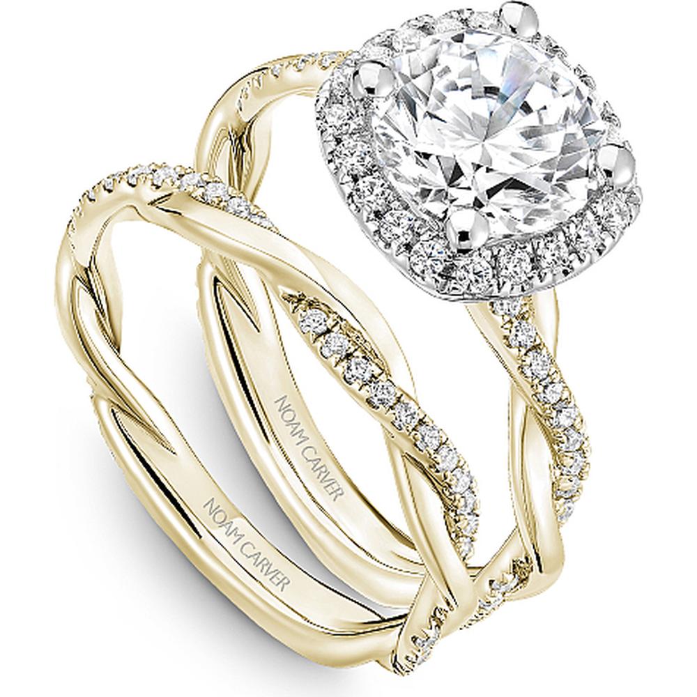 Round Cut Diamond Engagement Ring with Halo and Twist Band in White Gold and Yellow Gold by Noam Carver<em> - Choose Your Center Diamond: 1 to 5 Carats, Sustainable Lab-Grown or Natural Earth-Mined</em>