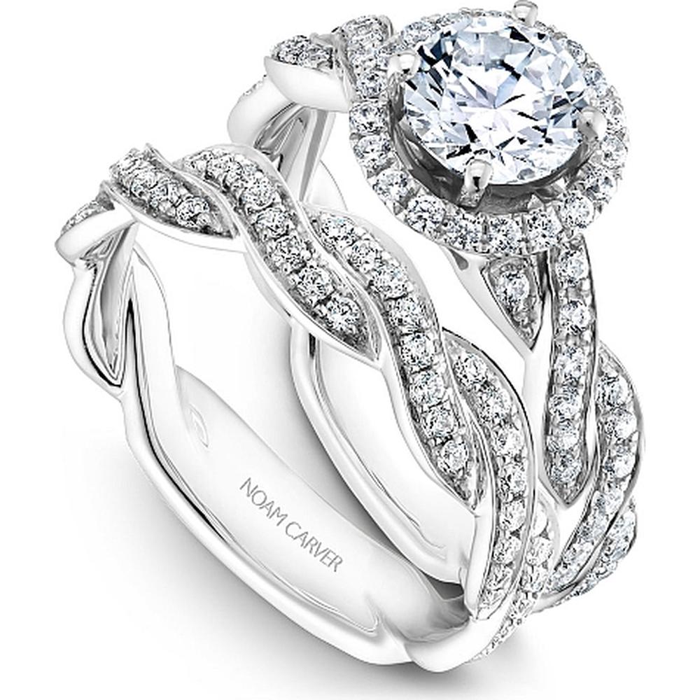 Round Cut Diamond Engagement Ring with Halo and Twisted Pavé Band in White Gold by Noam Carver<em> - Choose Your Center Diamond: 1 to 5 Carats, Sustainable Lab-Grown or Natural Earth-Mined</em>