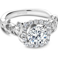 Round Cut Diamond Engagement Ring with Halo, Filigree Floral Motifs, and Engraved Band in White Gold by Noam Carver<em> - Choose Your Center Diamond: 1 to 5 Carats, Sustainable Lab-Grown or Natural Earth-Mined</em>