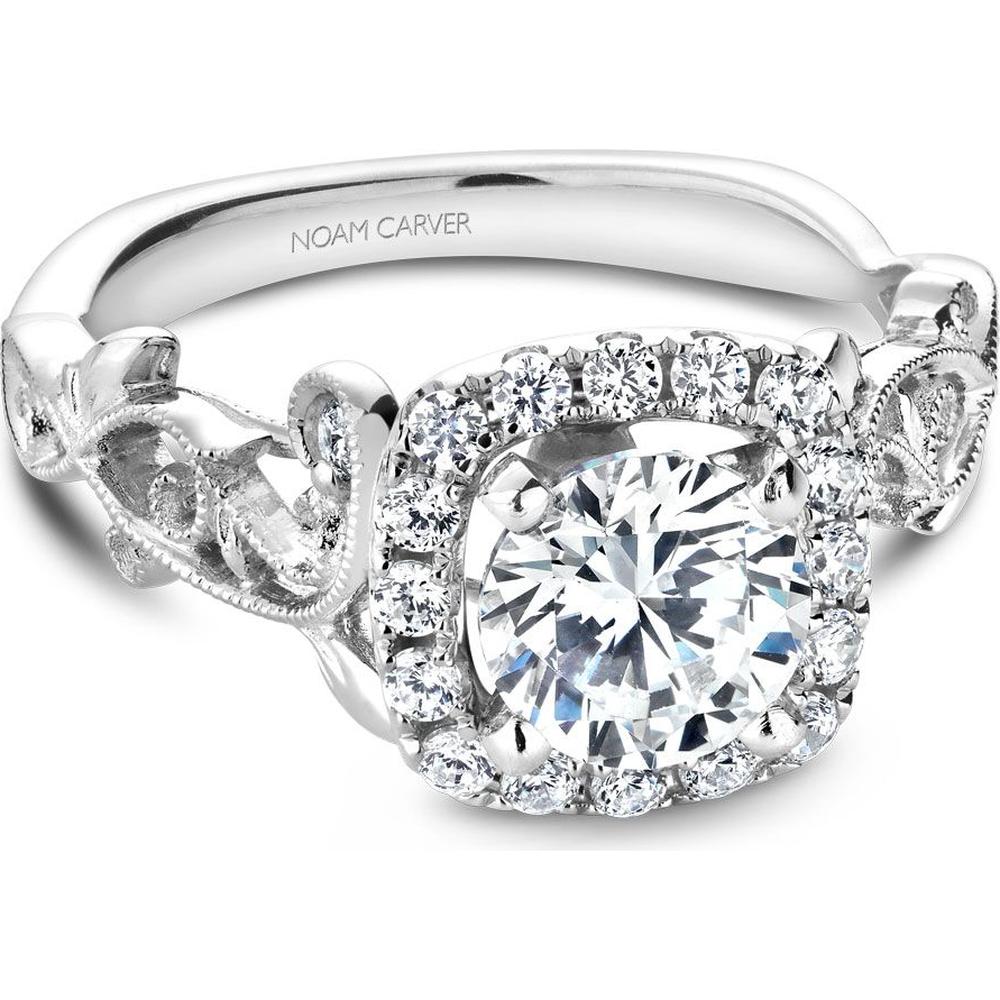 Round Cut Diamond Engagement Ring with Halo, Filigree Floral Motifs, and Engraved Band in White Gold by Noam Carver<em> - Choose Your Center Diamond: 1 to 5 Carats, Sustainable Lab-Grown or Natural Earth-Mined</em>