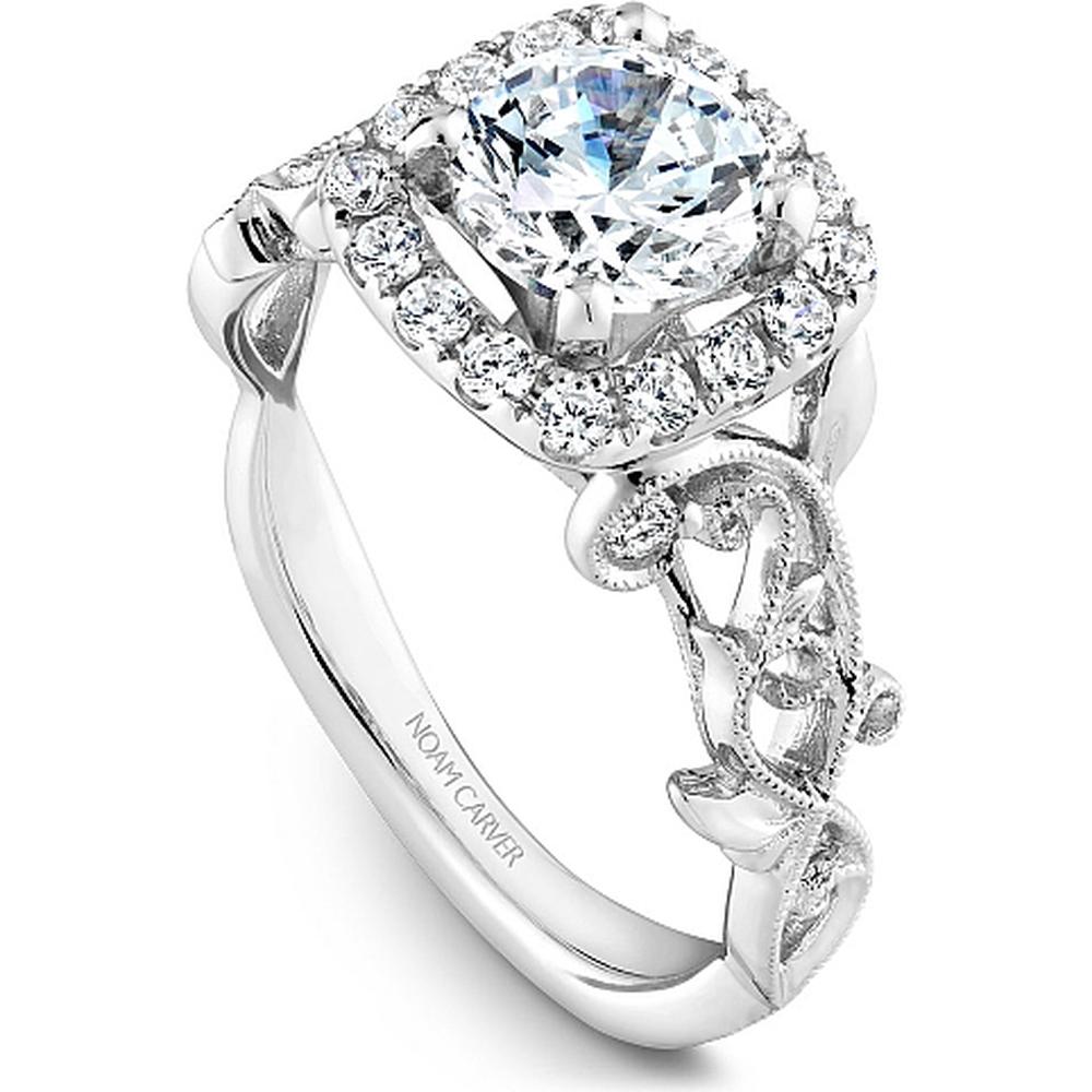 Round Cut Diamond Engagement Ring with Halo, Filigree Floral Motifs, and Engraved Band in White Gold by Noam Carver<em> - Choose Your Center Diamond: 1 to 5 Carats, Sustainable Lab-Grown or Natural Earth-Mined</em>