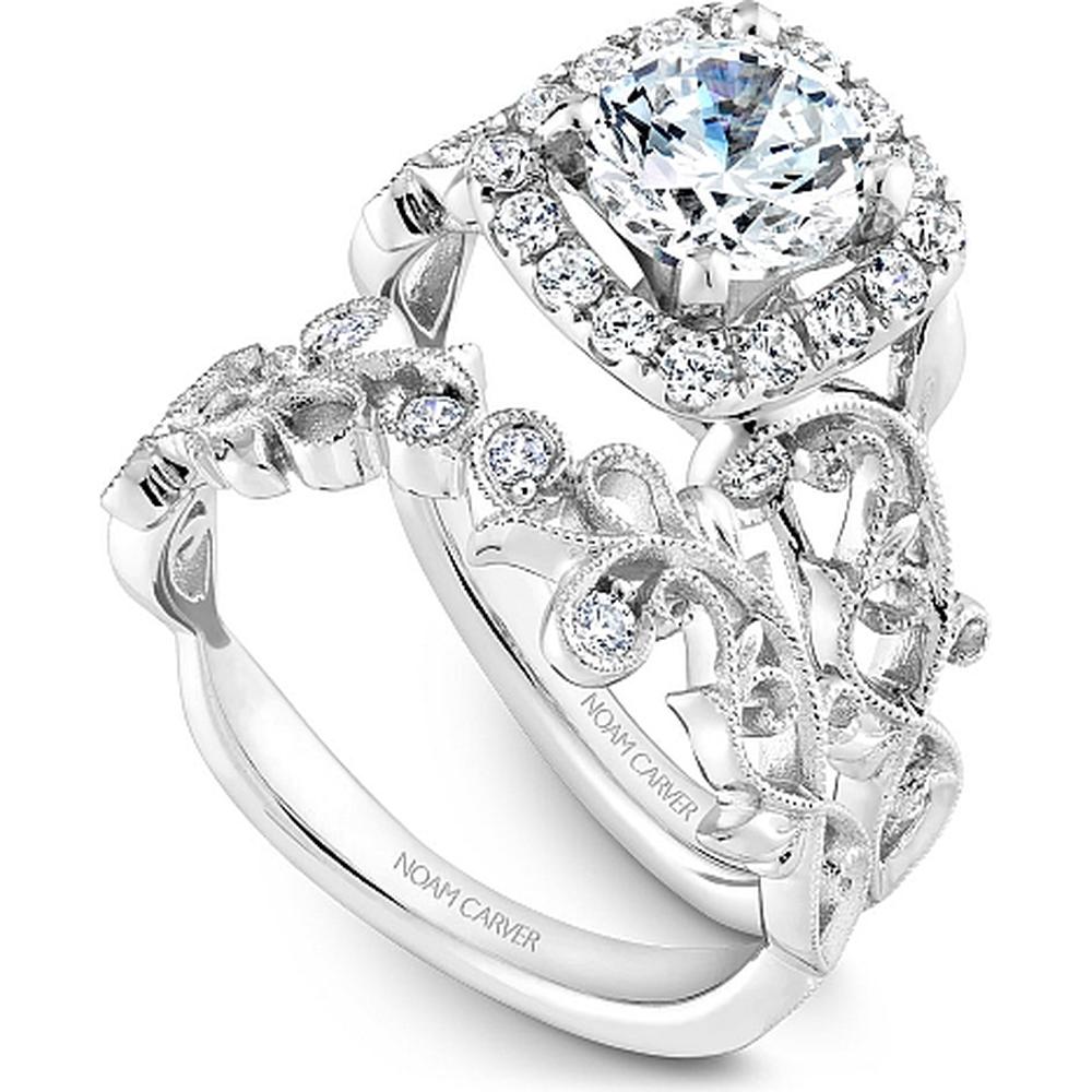 Round Cut Diamond Engagement Ring with Halo, Filigree Floral Motifs, and Engraved Band in White Gold by Noam Carver<em> - Choose Your Center Diamond: 1 to 5 Carats, Sustainable Lab-Grown or Natural Earth-Mined</em>
