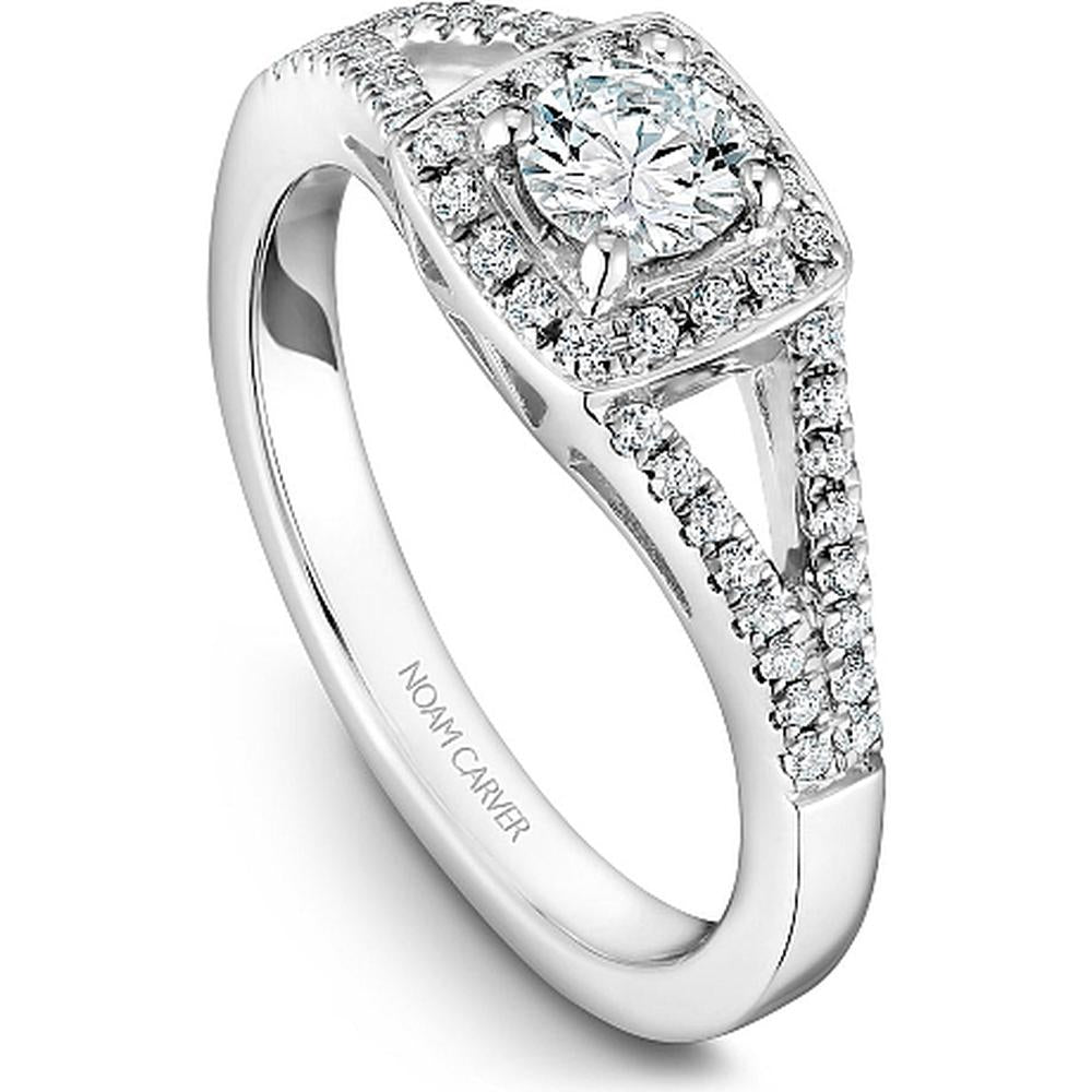 Round Cut Diamond Engagement Ring with Halo, Milgrain Detailing, and Pavé-Set Split Band in White Gold by Noam Carver<em> - Choose Your Center Diamond: 1 to 5 Carats, Sustainable Lab-Grown or Natural Earth-Mined</em>