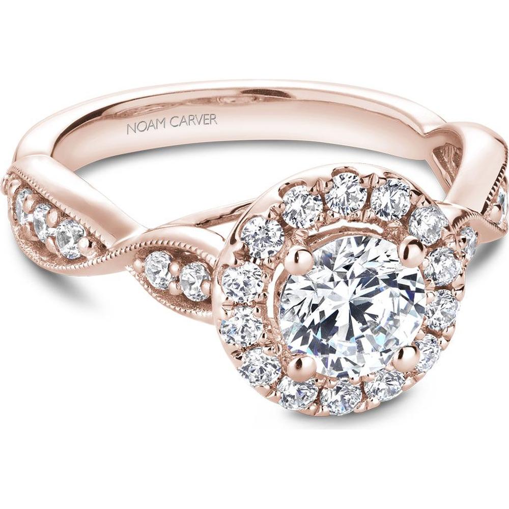 Round Cut Diamond Engagement Ring with Halo, Milgrain Detailing, and Swirling Band in Rose Gold by Noam Carver<em> - Choose Your Center Diamond: 1 to 5 Carats, Sustainable Lab-Grown or Natural Earth-Mined</em>
