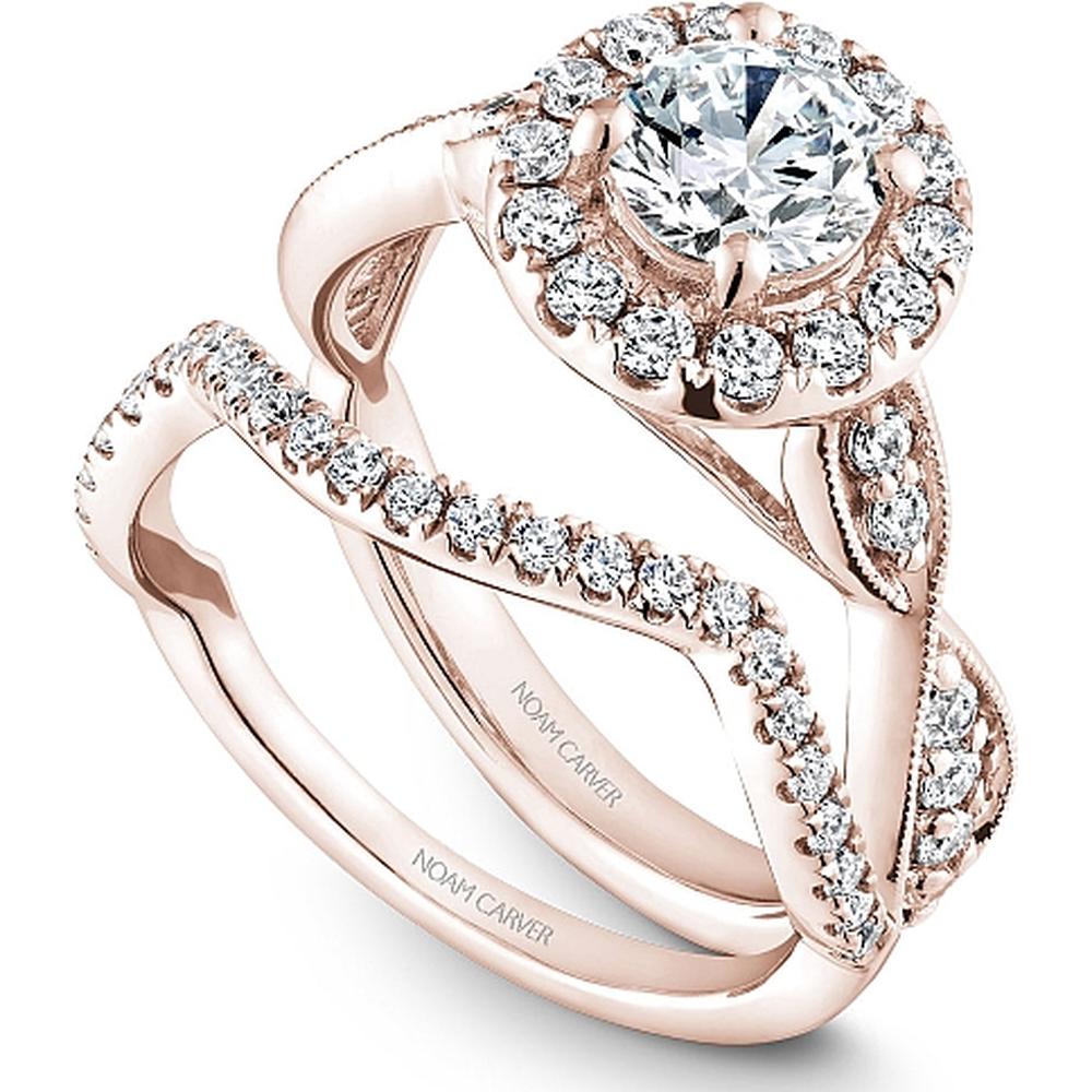 Round Cut Diamond Engagement Ring with Halo, Milgrain Detailing, and Swirling Band in Rose Gold by Noam Carver<em> - Choose Your Center Diamond: 1 to 5 Carats, Sustainable Lab-Grown or Natural Earth-Mined</em>
