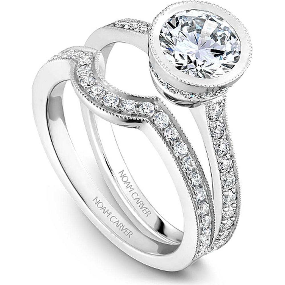 Round Cut Diamond Engagement Ring with Halo Setting and Micro-Pav&eacute; Band in White Gold by Noam Carver<em> - Choose Your Center Diamond: 1 to 5 Carats, Sustainable Lab-Grown or Natural Earth-Mined</em>