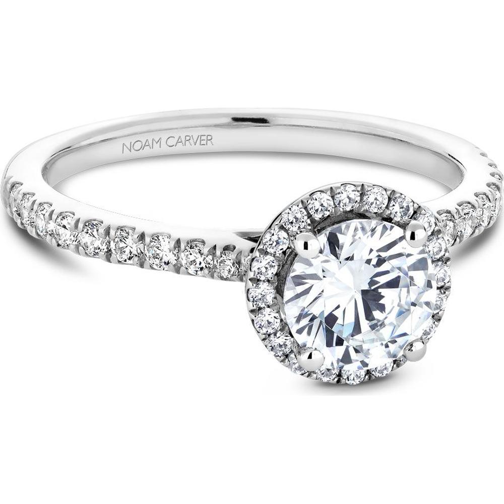 Round Cut Diamond Engagement Ring with Halo Setting and Pavé Band in White Gold by Noam Carver<em> - Choose Your Center Diamond: 1 to 5 Carats, Sustainable Lab-Grown or Natural Earth-Mined</em>