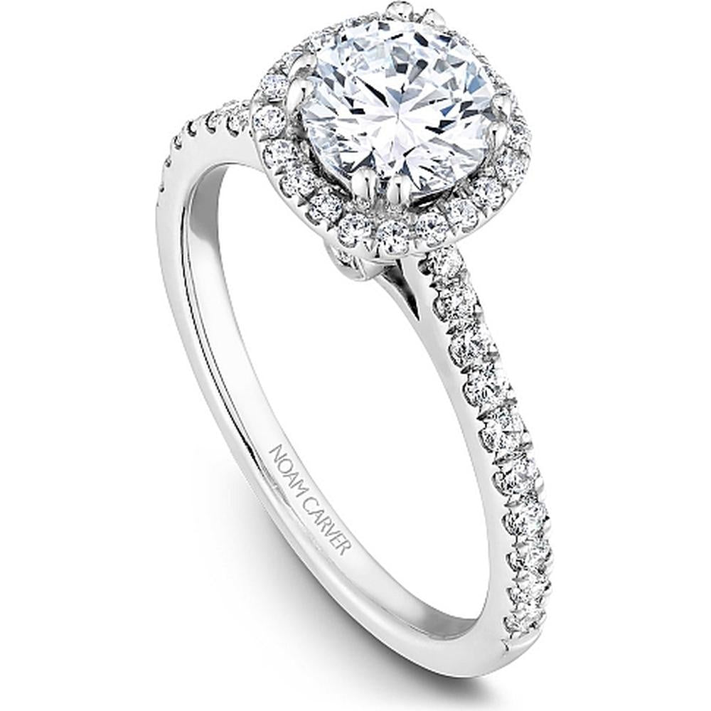 Round Cut Diamond Engagement Ring with Halo Setting and Pavé Band in White Gold by Noam Carver<em> - Choose Your Center Diamond: 1 to 5 Carats, Sustainable Lab-Grown or Natural Earth-Mined</em>
