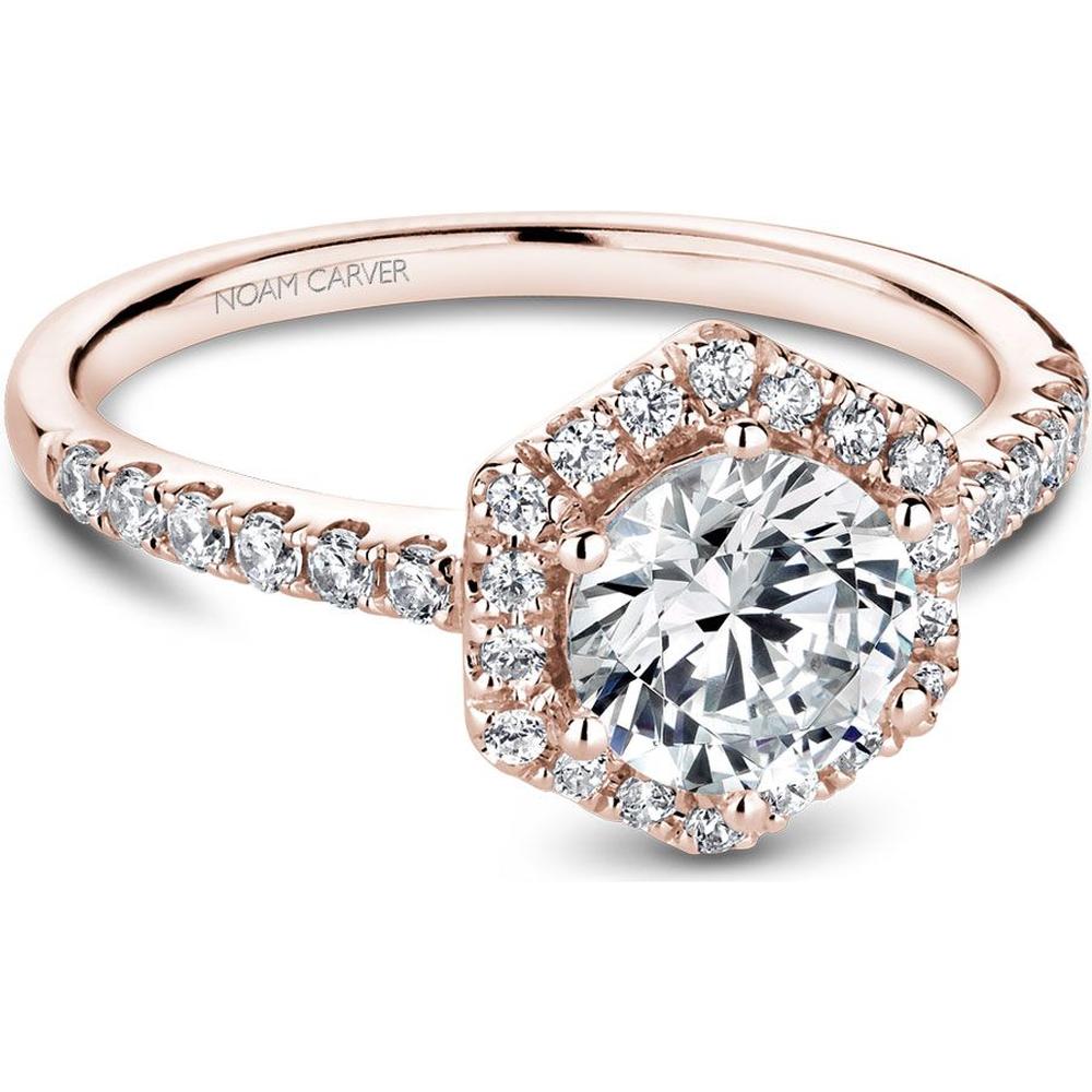 Round Cut Diamond Engagement Ring with Hexagonal Halo and Pavé Band in Rose Gold by Noam Carver<em> - Choose Your Center Diamond: 1 to 5 Carats, Sustainable Lab-Grown or Natural Earth-Mined</em>