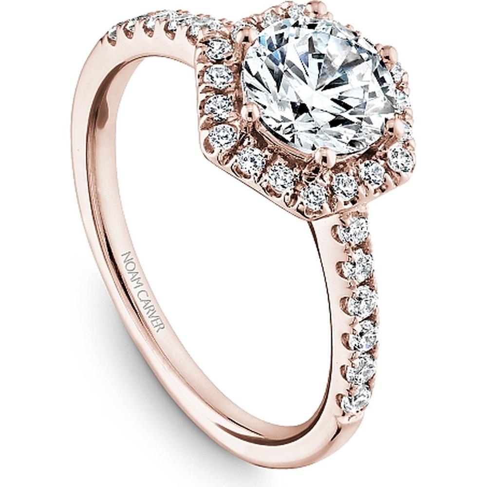 Round Cut Diamond Engagement Ring with Hexagonal Halo and Pavé Band in Rose Gold by Noam Carver<em> - Choose Your Center Diamond: 1 to 5 Carats, Sustainable Lab-Grown or Natural Earth-Mined</em>
