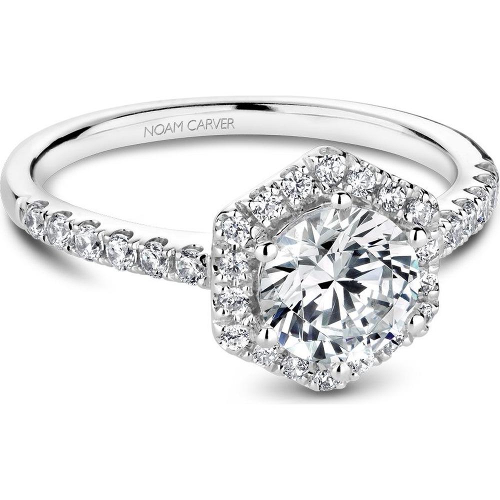 Round Cut Diamond Engagement Ring with Hexagonal Halo and Pavé-Set Band in White Gold by Noam Carver<em> - Choose Your Center Diamond: 1 to 5 Carats, Sustainable Lab-Grown or Natural Earth-Mined</em>