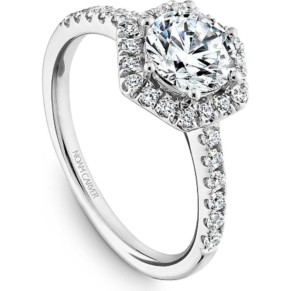 Round Cut Diamond Engagement Ring with Hexagonal Halo and Pavé-Set Band in White Gold by Noam Carver<em> - Choose Your Center Diamond: 1 to 5 Carats, Sustainable Lab-Grown or Natural Earth-Mined</em>
