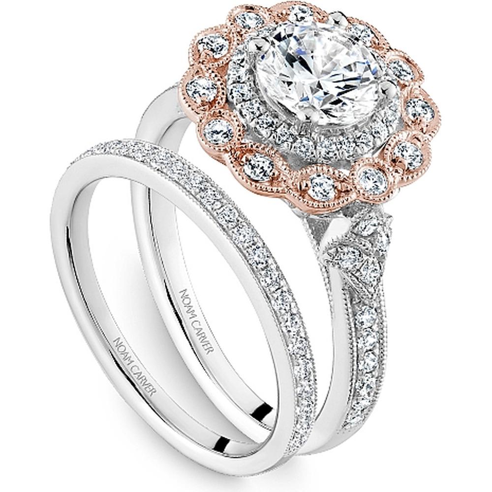 Round Cut Diamond Engagement Ring with Intricate Pavé Band in White and Rose Gold by Noam Carver<em> - Choose Your Center Diamond: 1 to 5 Carats, Sustainable Lab-Grown or Natural Earth-Mined</em>