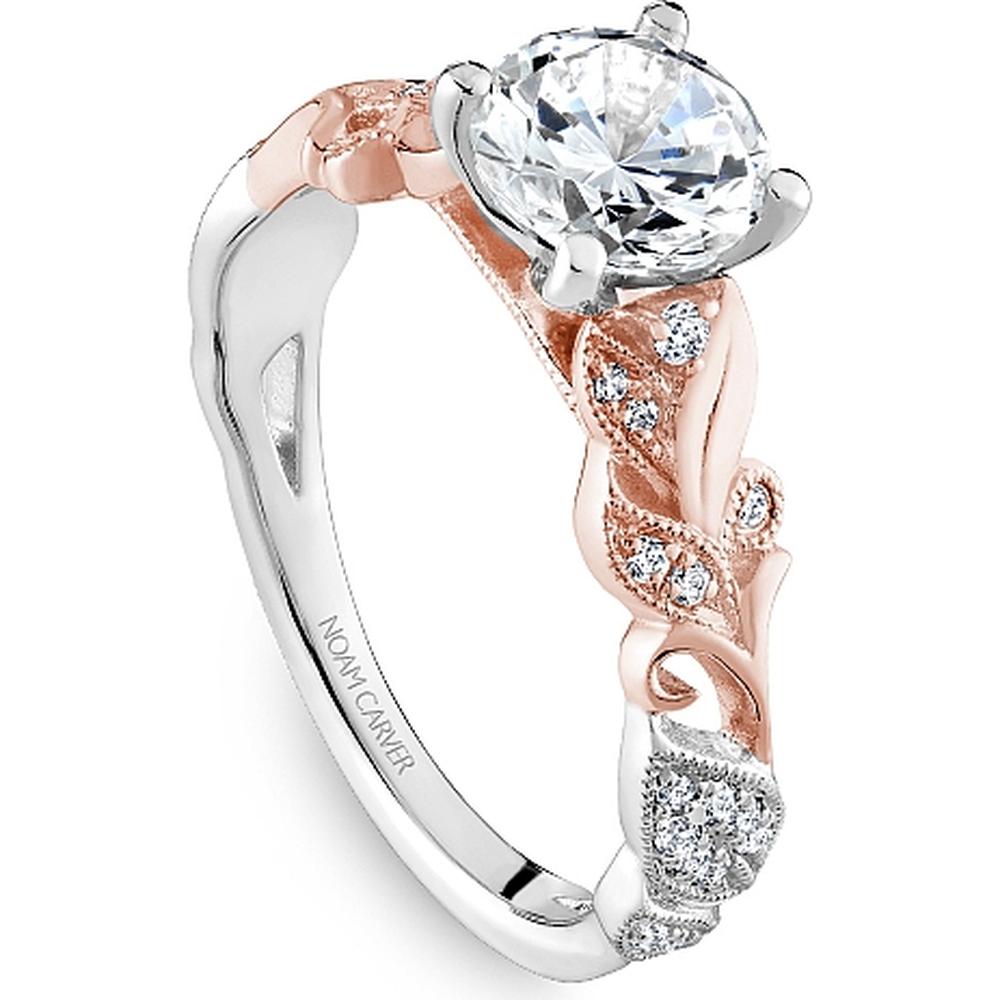 Round Cut Diamond Engagement Ring with Leaf Motif and Milgrain Detail in Rose and White Gold by Noam Carver<em> - Choose Your Center Diamond: 1 to 5 Carats, Sustainable Lab-Grown or Natural Earth-Mined</em>