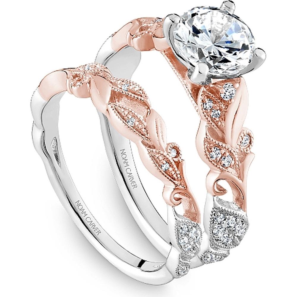 Round Cut Diamond Engagement Ring with Leaf Motif and Milgrain Detail in Rose and White Gold by Noam Carver<em> - Choose Your Center Diamond: 1 to 5 Carats, Sustainable Lab-Grown or Natural Earth-Mined</em>